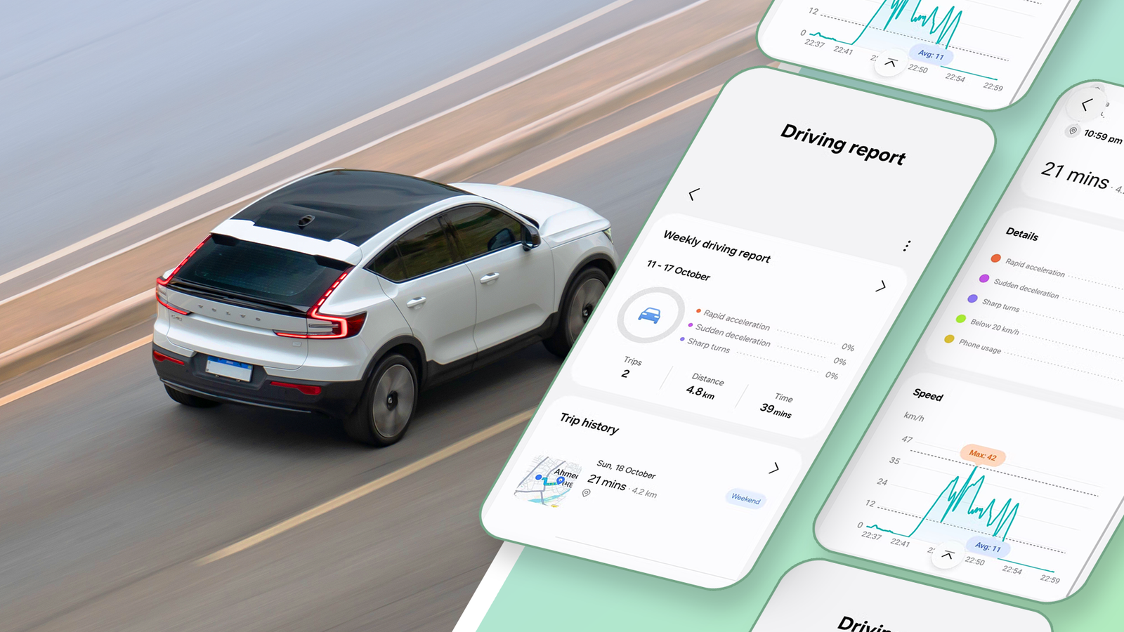 A car running with Driving Report on Samsung phone