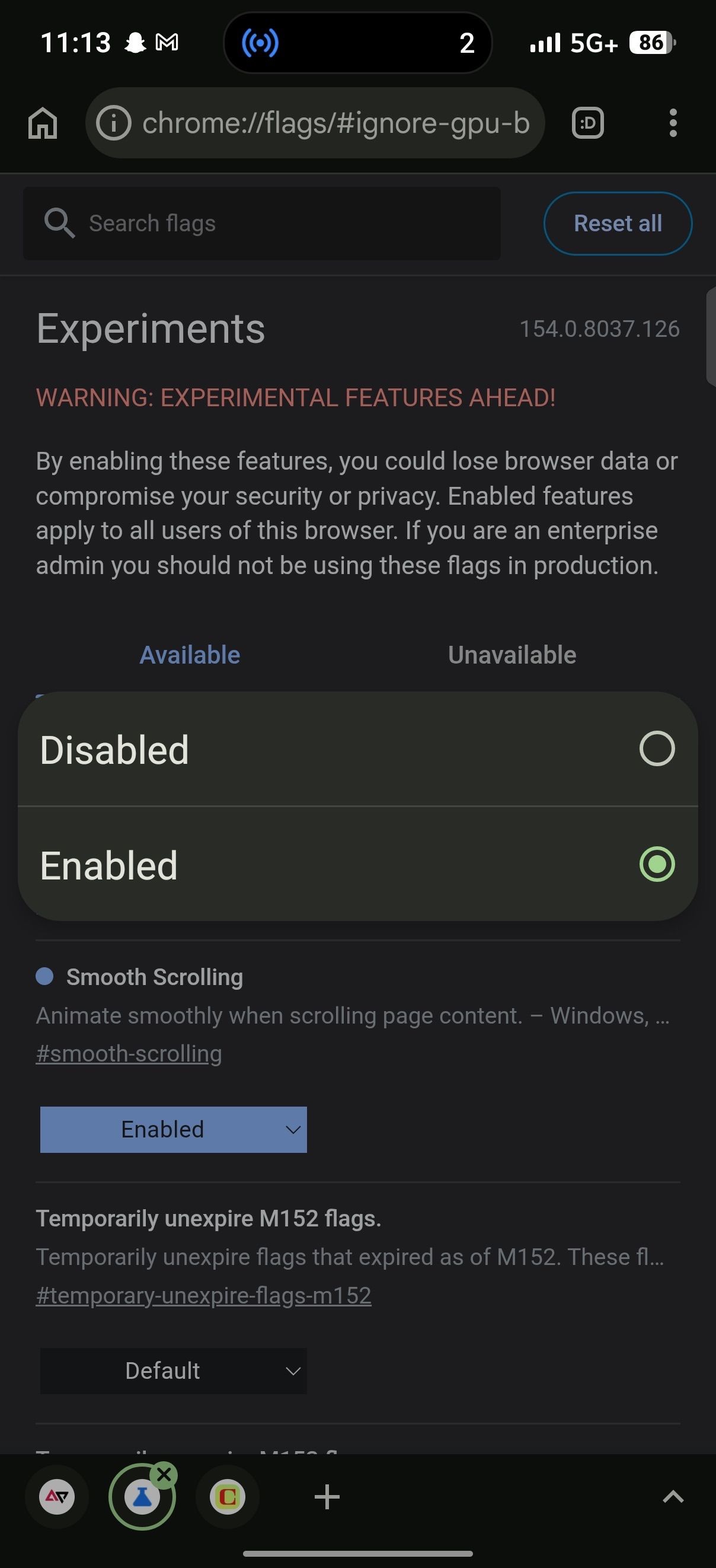 Chrome Experiments pop-up menu showing option selections with Enabled selected for a flag