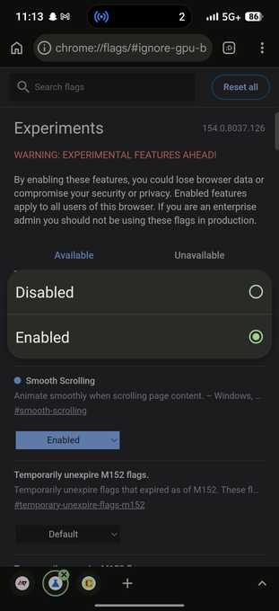 Chrome Experiments pop-up menu showing option selections with Enabled selected for a flag