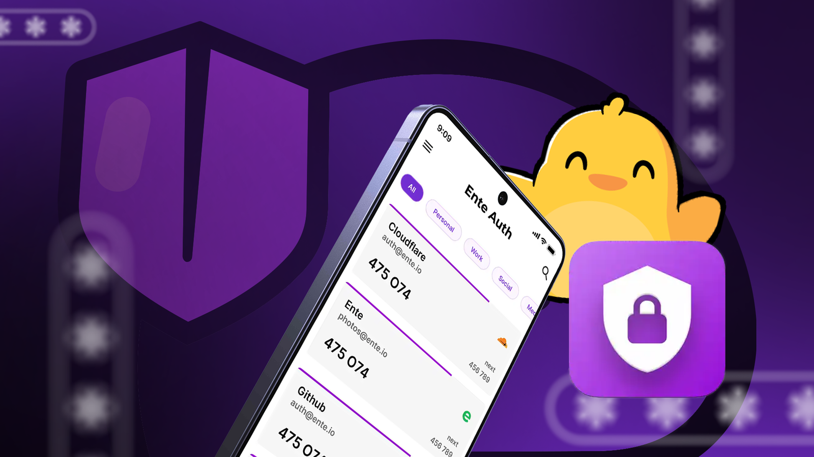 Ente Auth app displayed on a smartphone, with a yellow mascot and a purple security shield in the background.