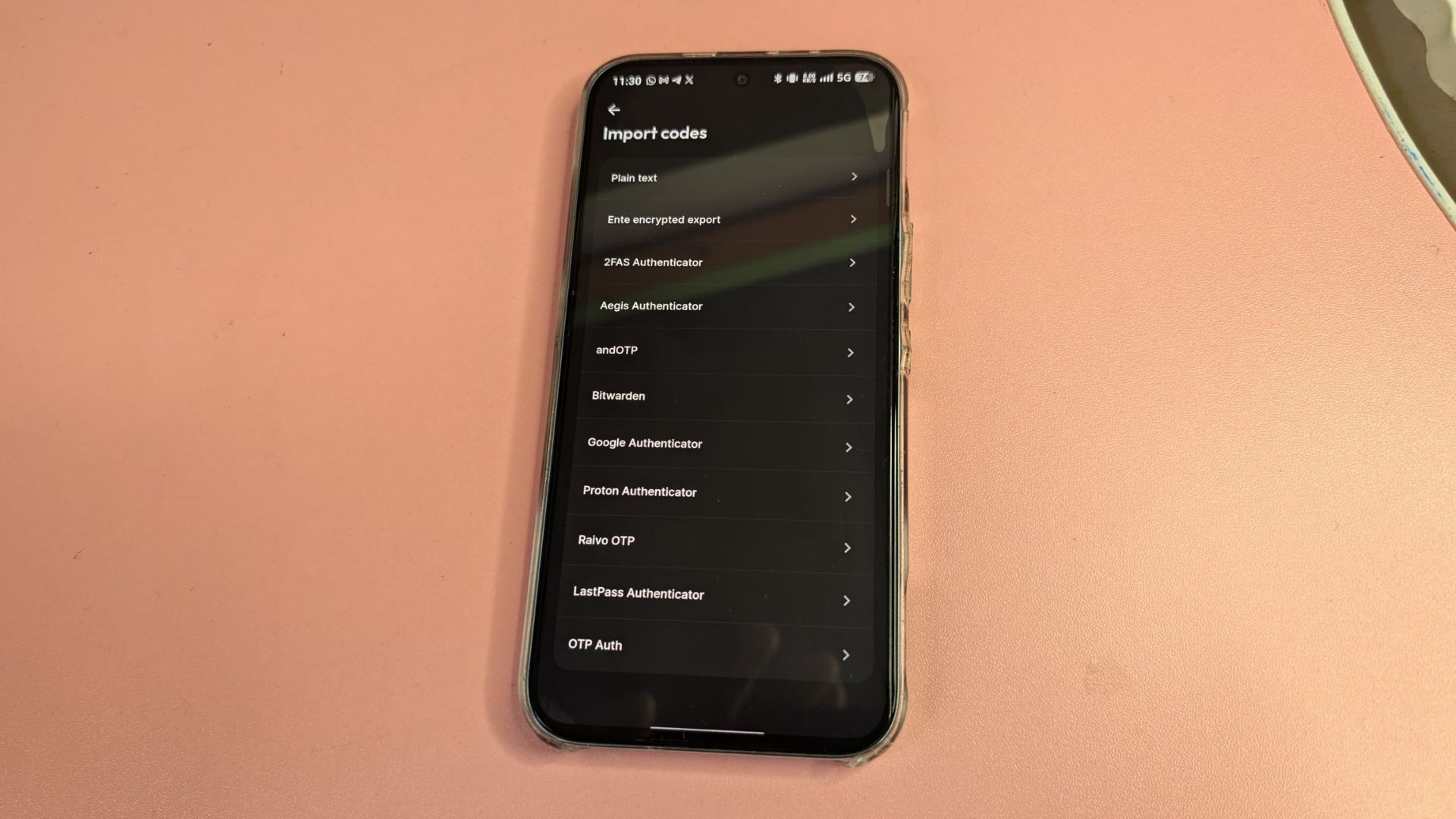Android phone screen displaying Ente Auth import codes menu listing supported authenticators