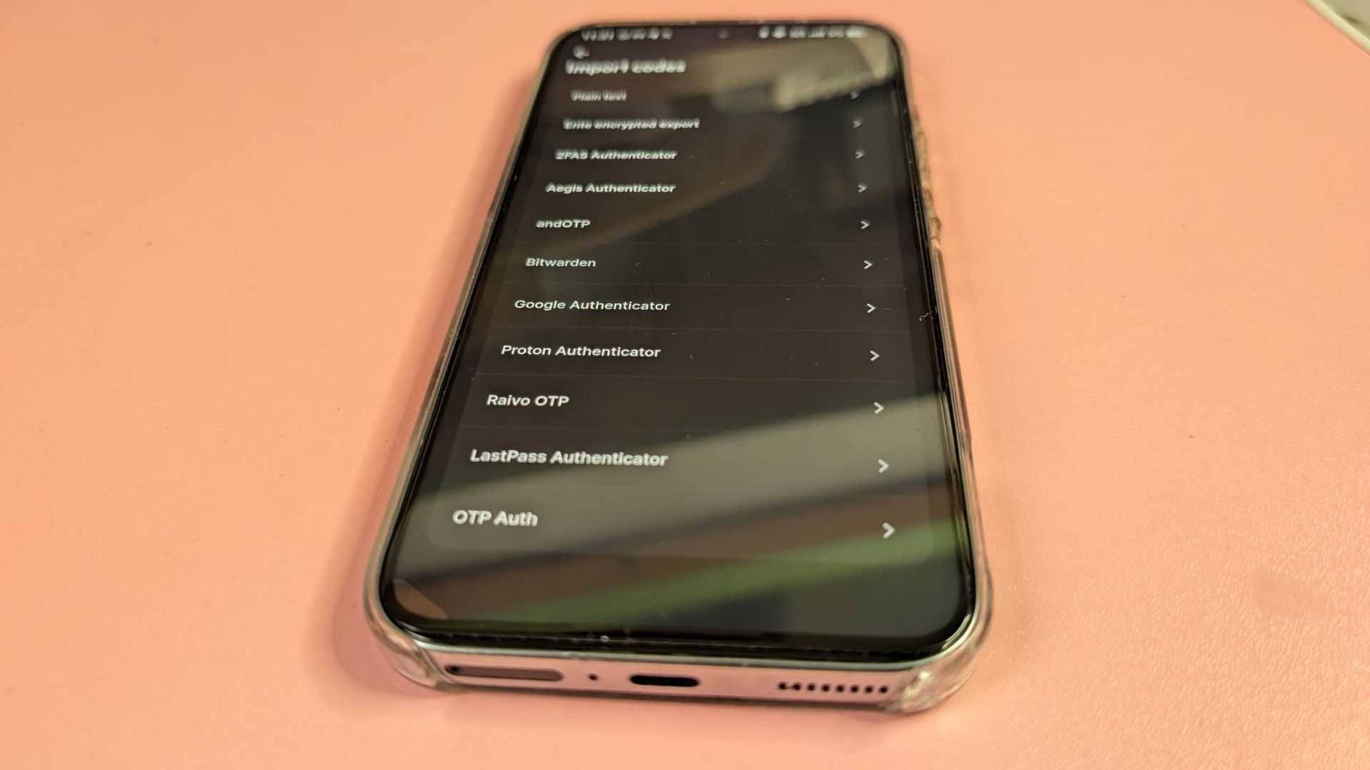 An Android Smartphone showing Ente Auth code import options list