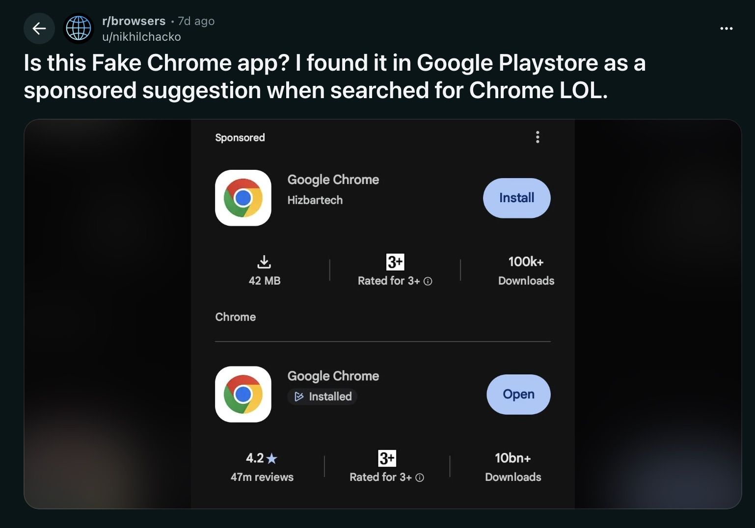 Reddit user flags fake Google Chrome ad above official app on Google Play Store