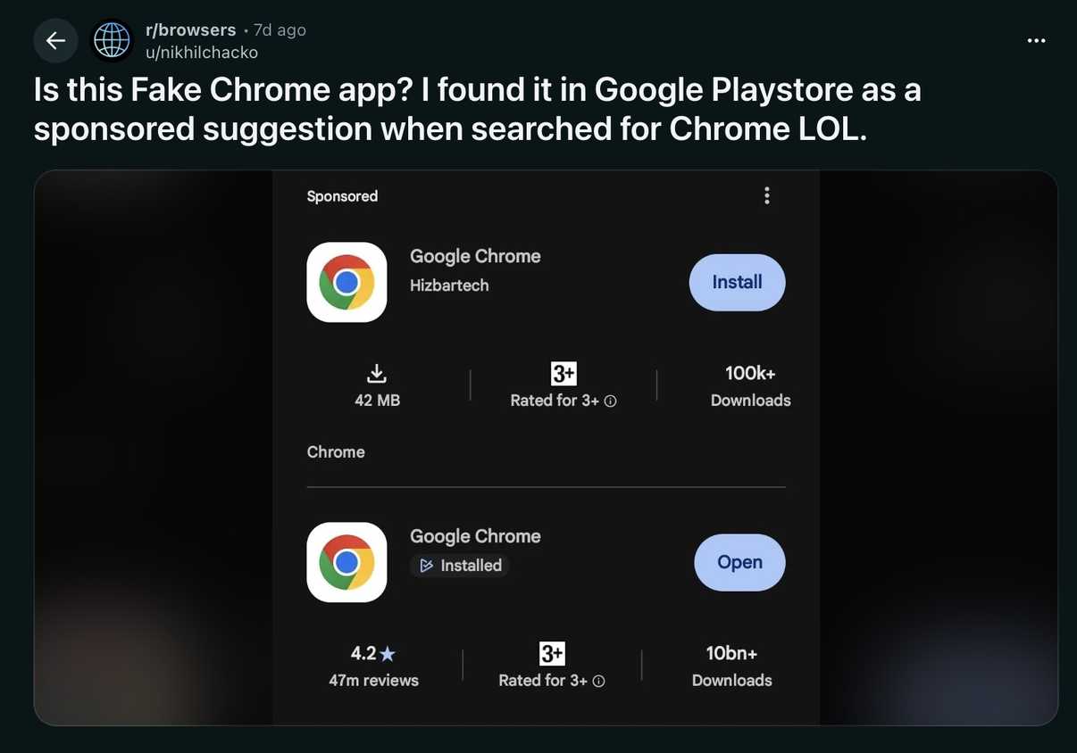 Reddit user flags fake Google Chrome ad above official app on Google Play Store