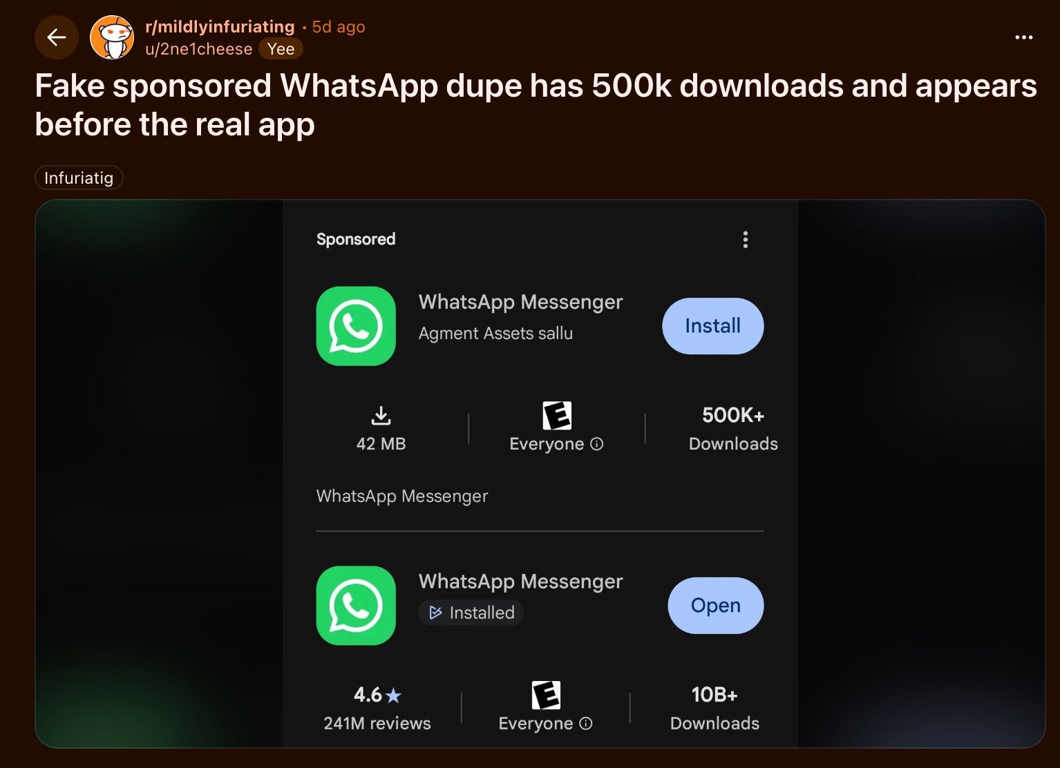 Reddit user flags fake WhatsApp Messenger ad above official app on Google Play Store