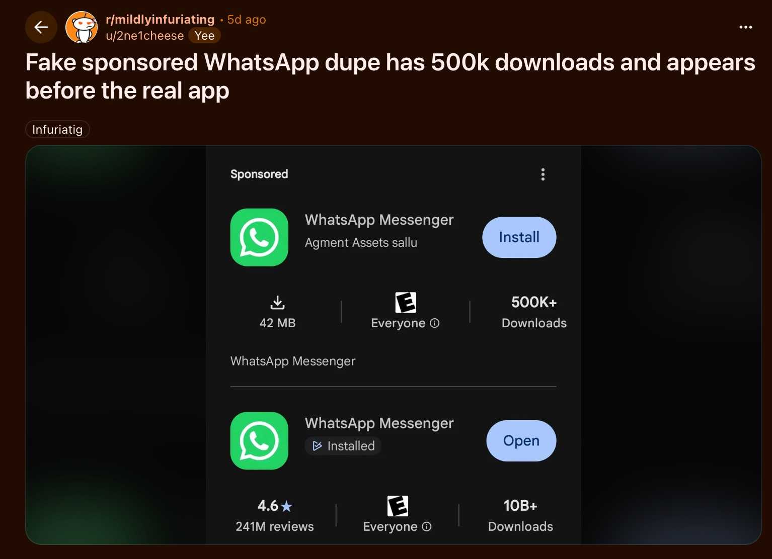 Reddit user flags fake WhatsApp Messenger ad above official app on Google Play Store