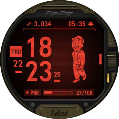 Screenshot showing Fallout Pip-Boy SE watch face in Red