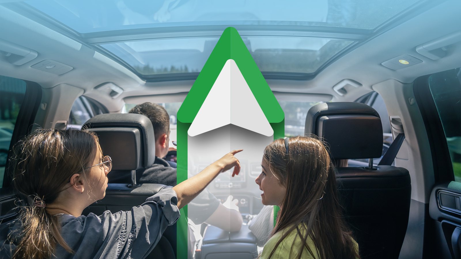 Family enjoying a car ride with a large Android Auto logo in the foreground.