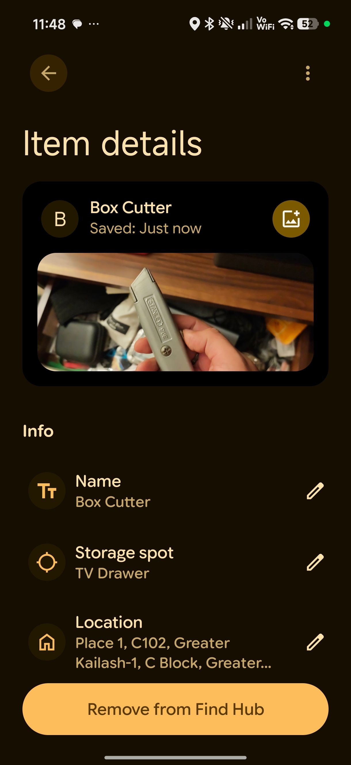 Find Hub remembered item box cutter page details showing image and location 