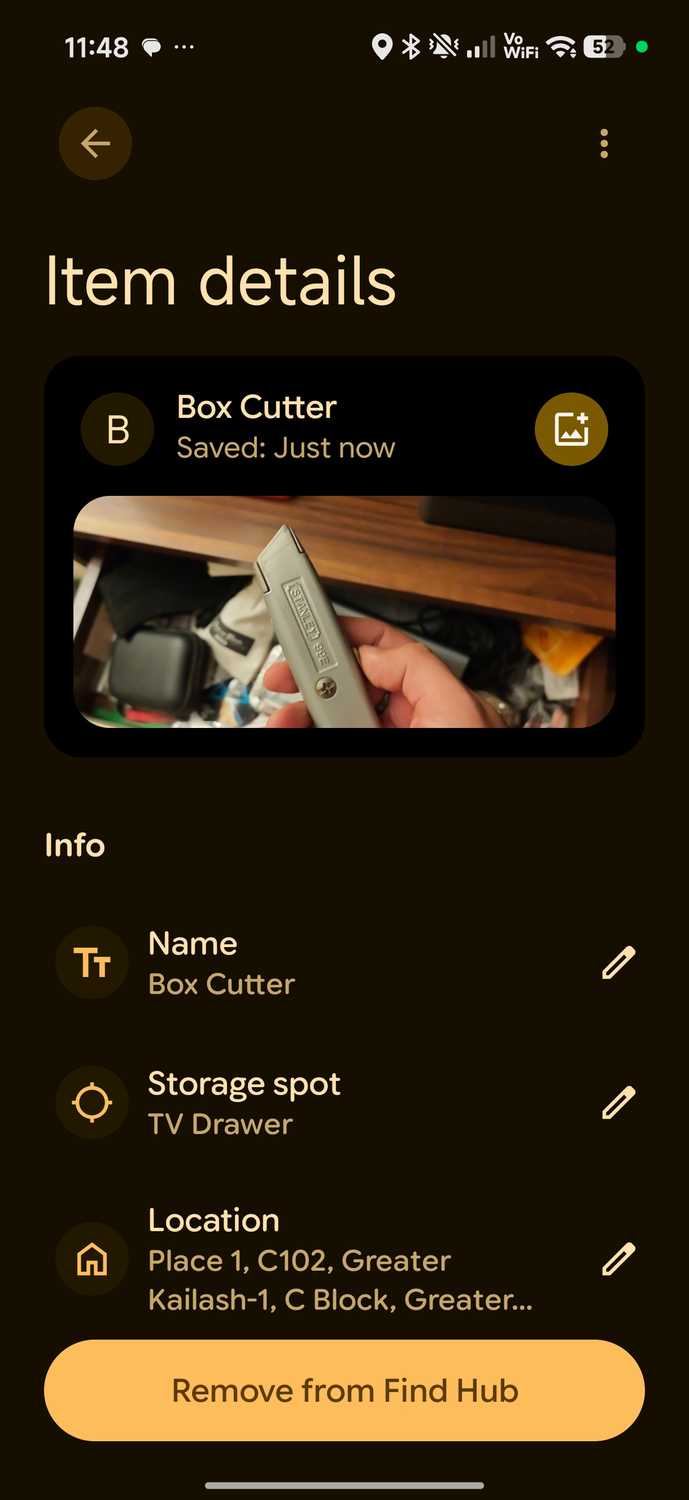 Find Hub remembered item box cutter page details showing image and location