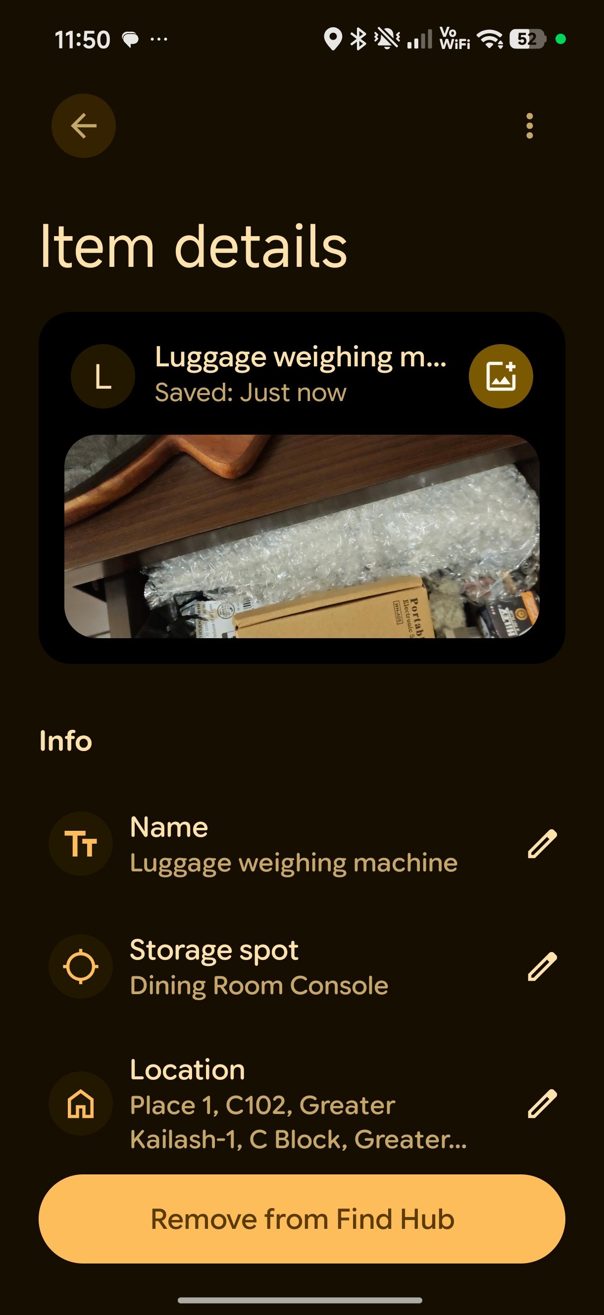 Find Hub remembered item luggage weighing machine page details showing image and location 