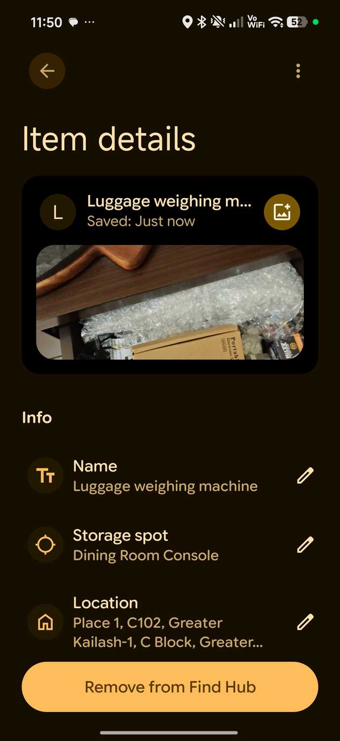 Find Hub remembered item luggage weighing machine page details showing image and location