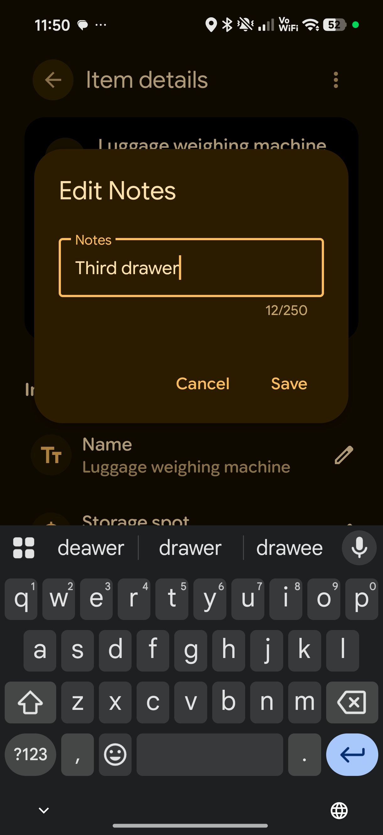 Find Hub remembered item weighing machine adding notes