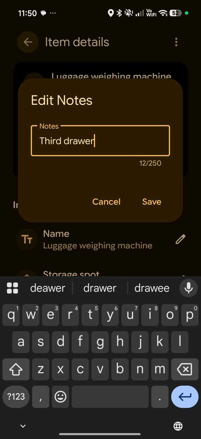 Find Hub remembered item weighing machine adding notes