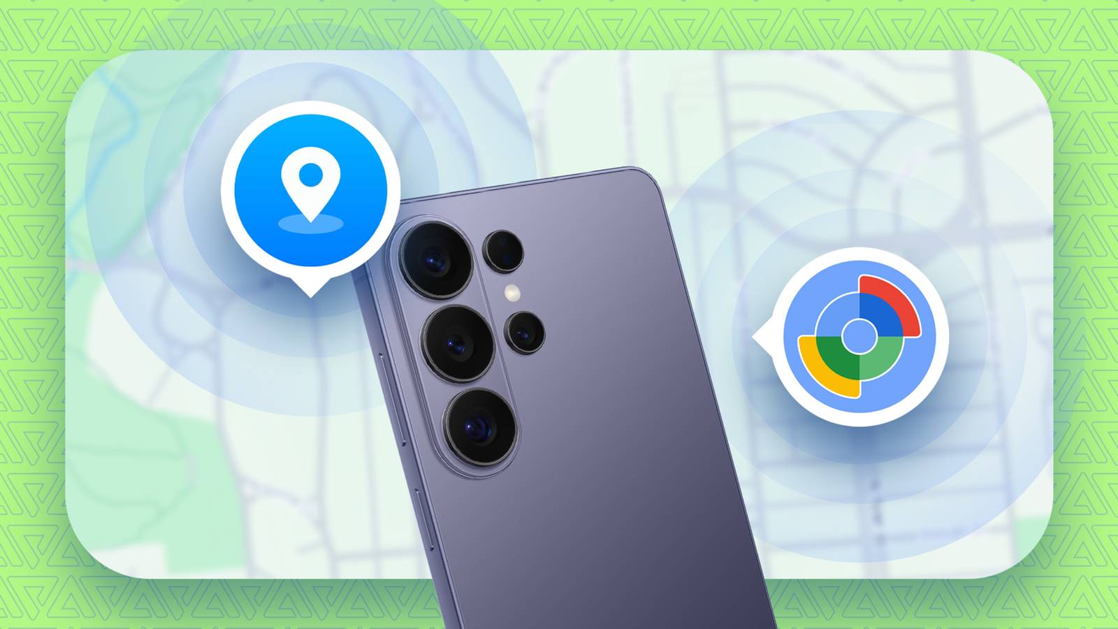 A purple Samsung Galaxy phone shown from the back, with the Samsung Find app icon on the left and the Google Find Hub icon on the right, each surrounded by signal rings over a faded map background