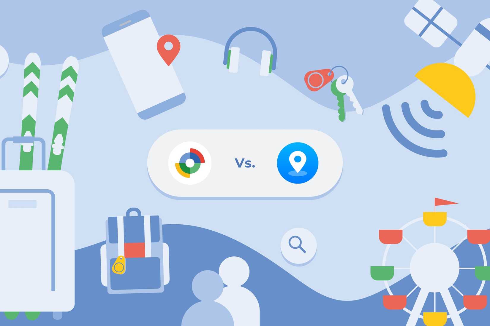 Google Find Hub and Samsung Find app icons side by side, surrounded by illustrations of a phone with a location pin, headphones, keys with a tracker tag, a backpack, a suitcase, a satellite, a Ferris wheel, and two people