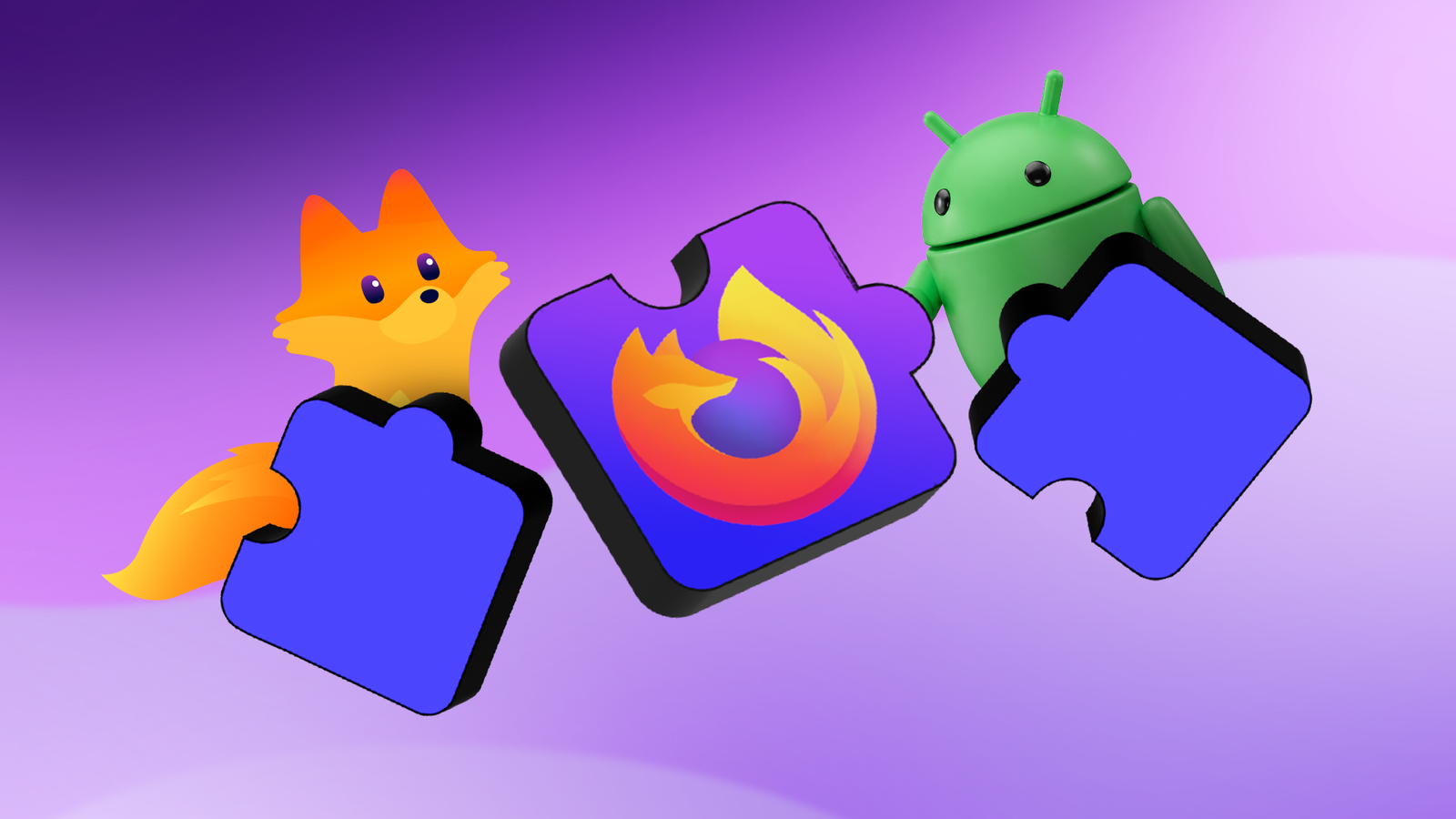 Firefox logo on a puzzle piece, alongside an Android mascot and a fox on a purple background.