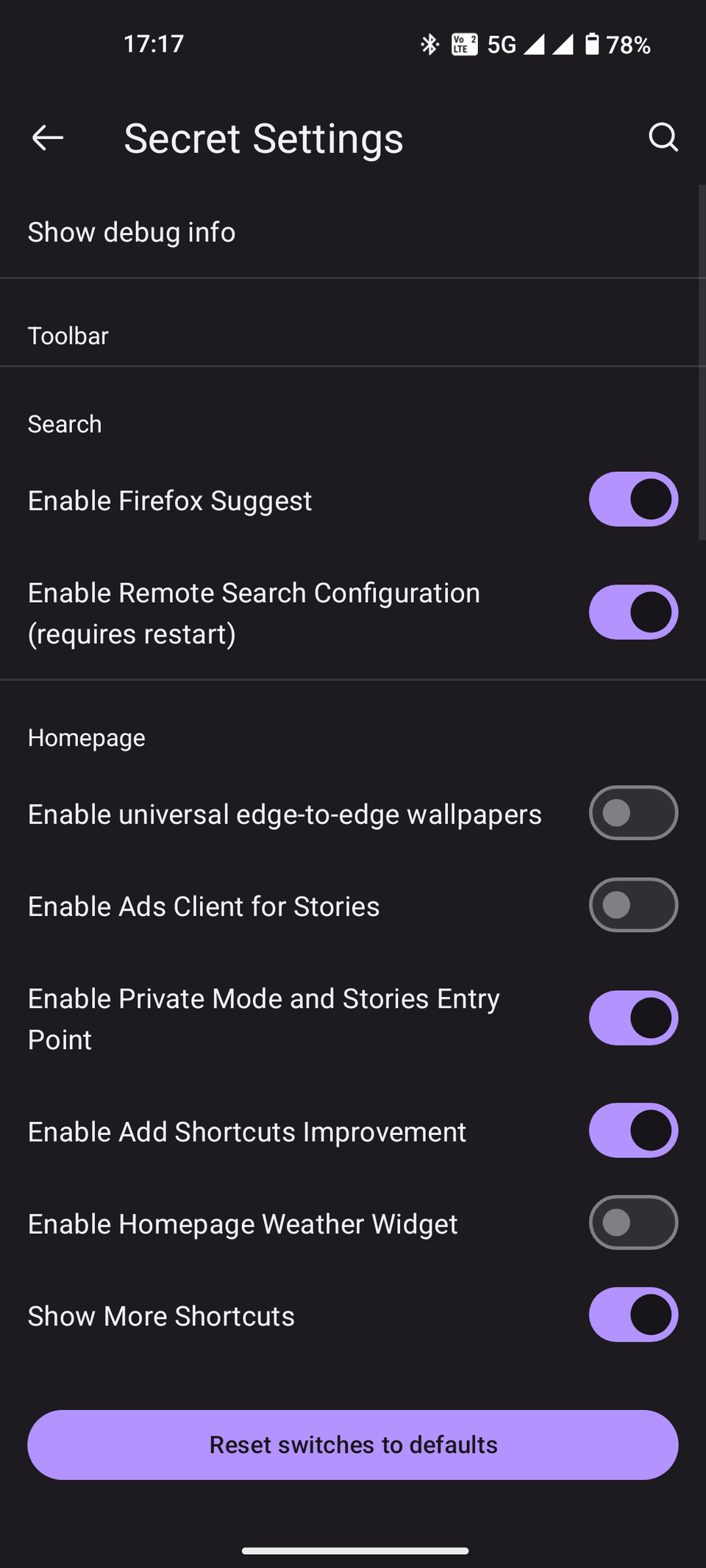 Interfaccia del menu delle opzioni delle impostazioni segrete di Firefox (2)