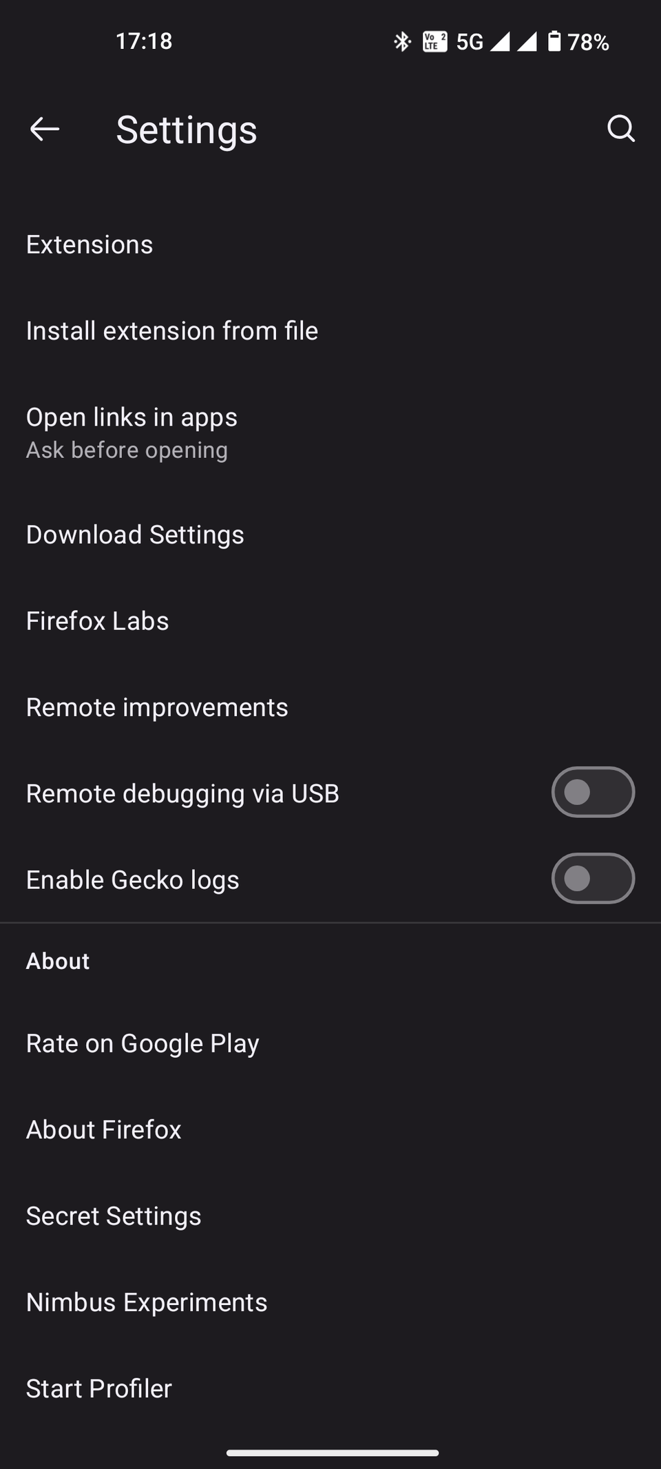 Interfaccia del menu delle opzioni delle impostazioni segrete di Firefox (4)