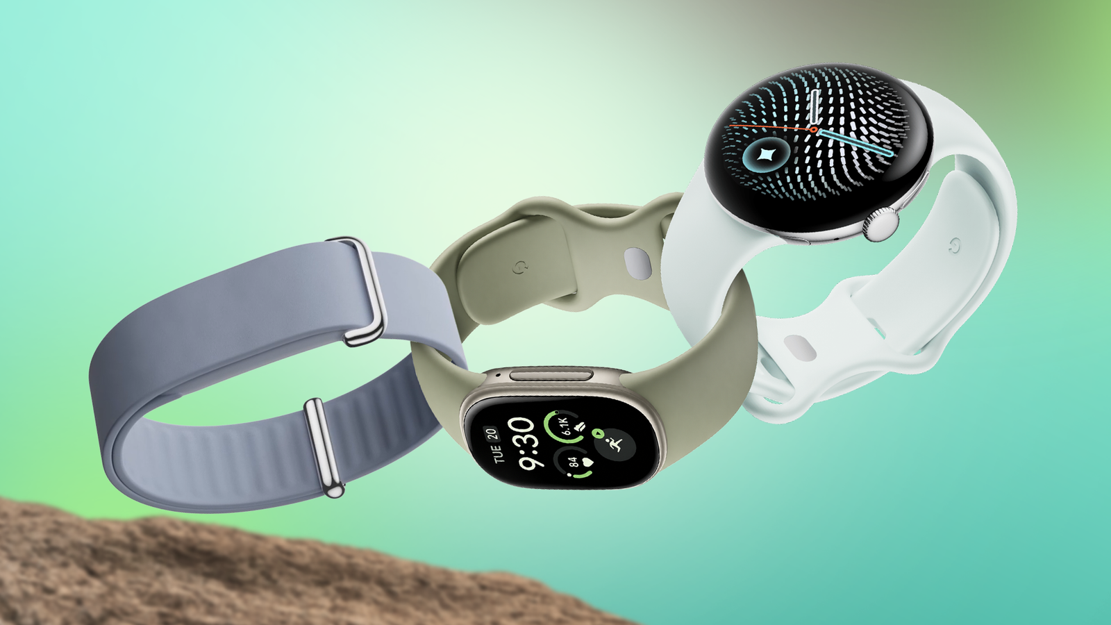 Fitbit Air, Fitbit Edge, and Google Pixel Watch 5 floating on a green background.
