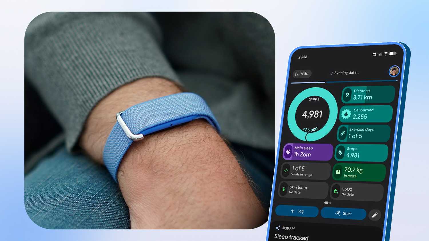Fitbit Air worn on a wrist next to a smartphone displaying health and fitness stats.