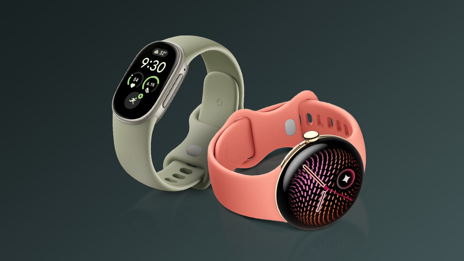 Fitbit Edge and Google Pixel Watch 5 smartwatches side by side on a dark background.