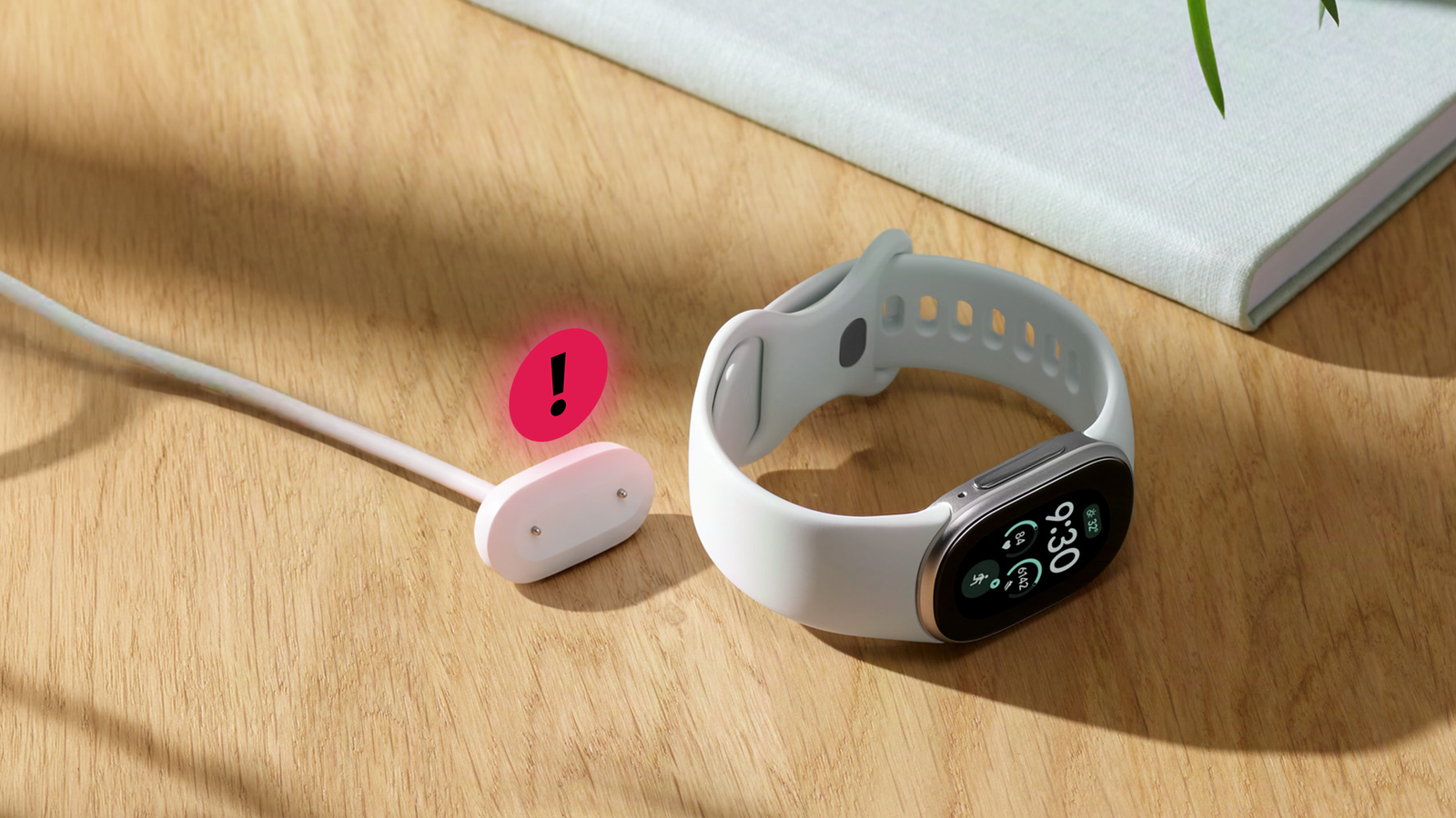 Fitbit Edge fitness tracker beside a disconnected magnetic charger, with a red warning icon on a wooden desk.