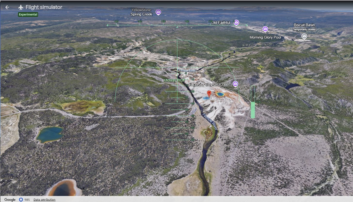 Screenshot showing the Yellowstone National Park in Google Earth flight simulator