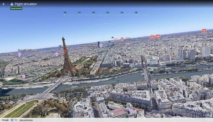 Screenshot showing the Eiffel Tower in Google Earth flight simulator