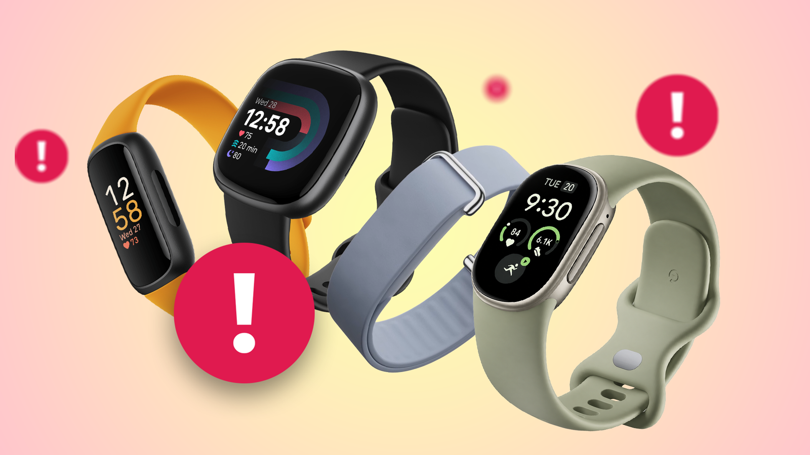 Four Fitbit wearables surrounded by red warning icons.