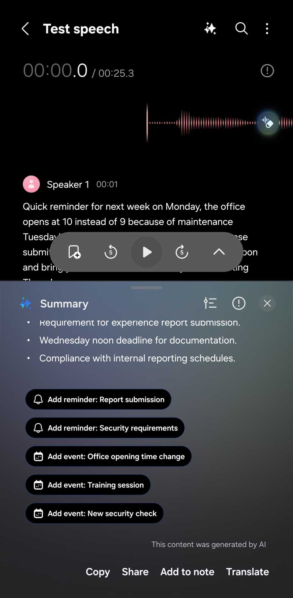 Samsung Voice Recorder showing the Summarize tool's action chips.