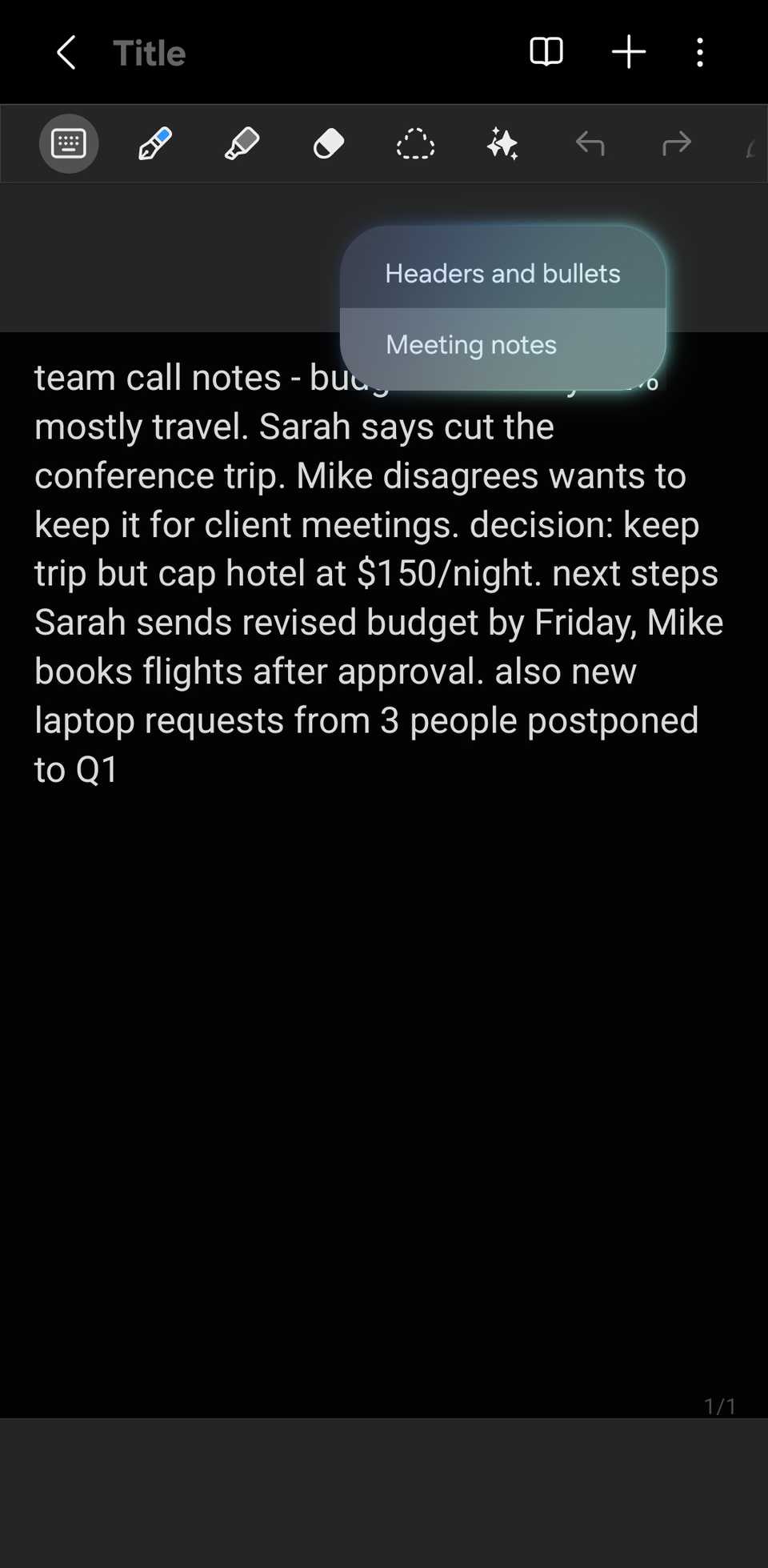 Samsung Notes showing the Galaxy AI Auto format menu with "Meeting notes" highlighted.