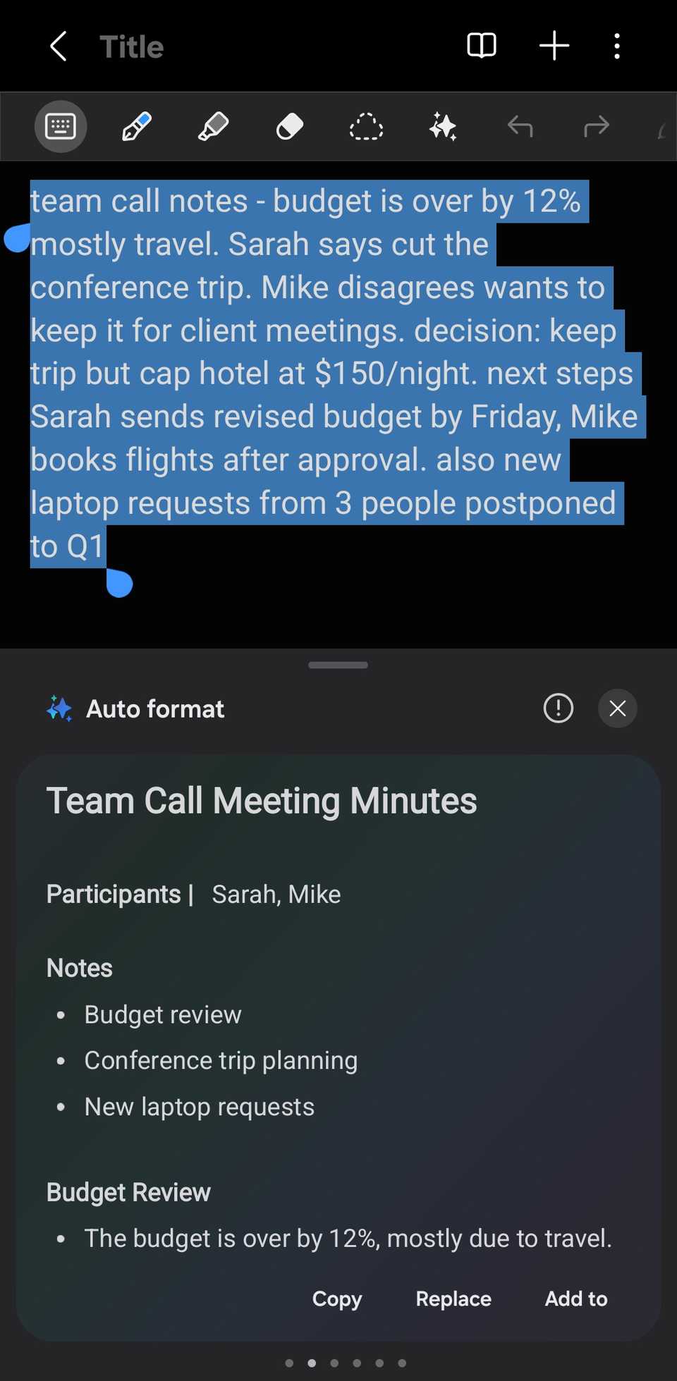 Samsung Notes showing the Galaxy AI Auto format tool.