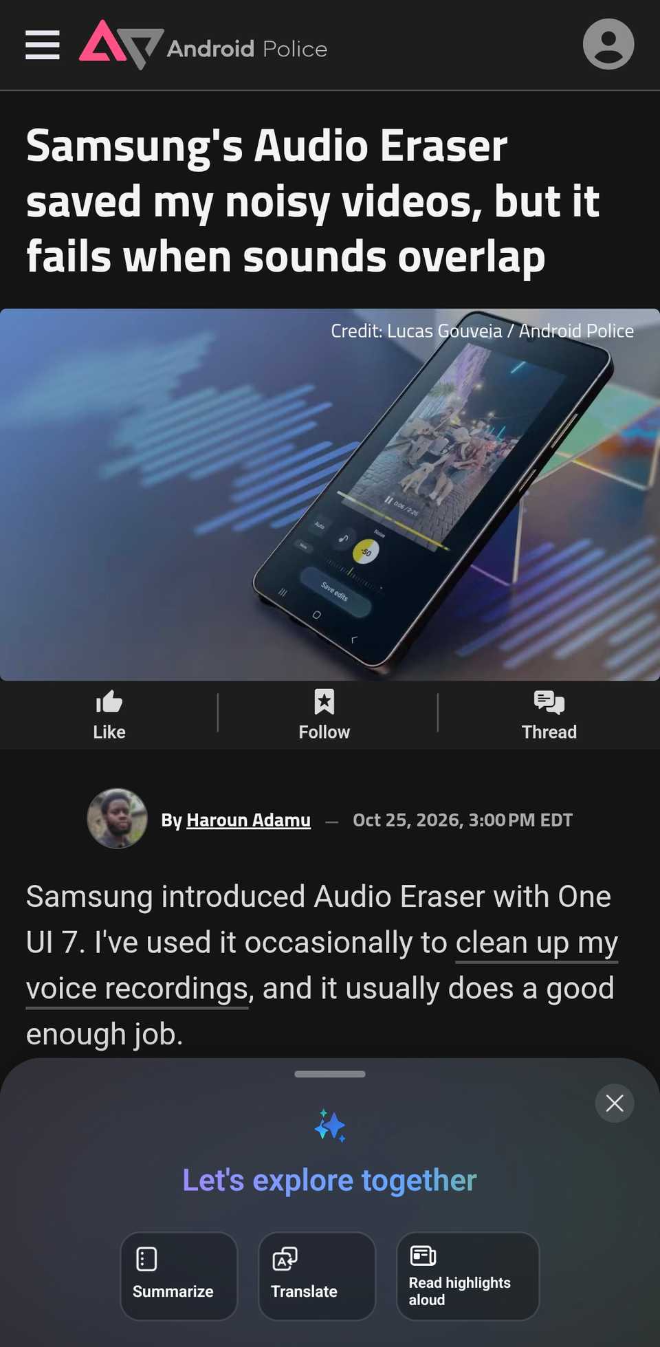 Samsung Browser showing the Browser assist tool.