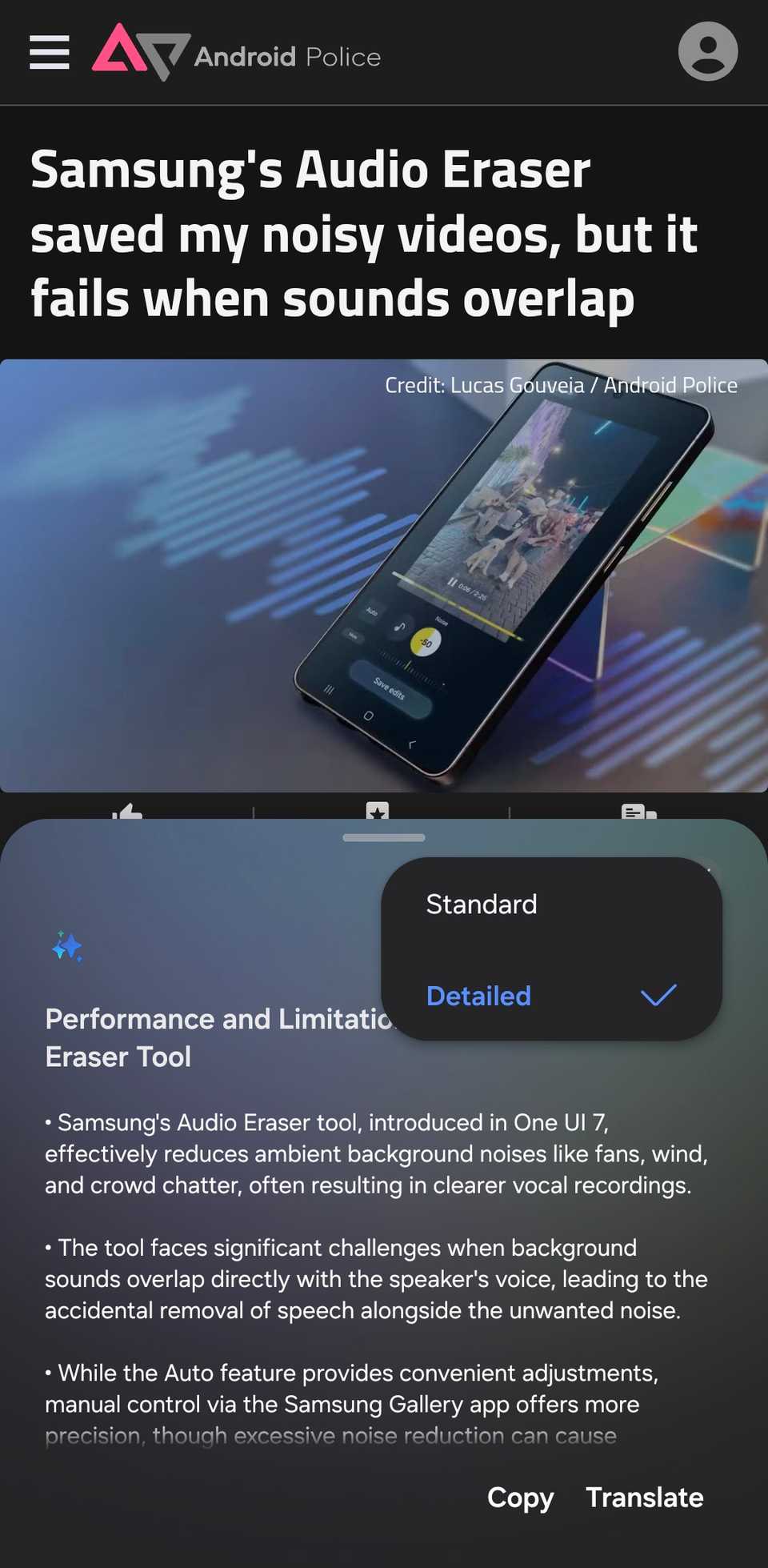 Samsung Browser showing the Browser assist tool.