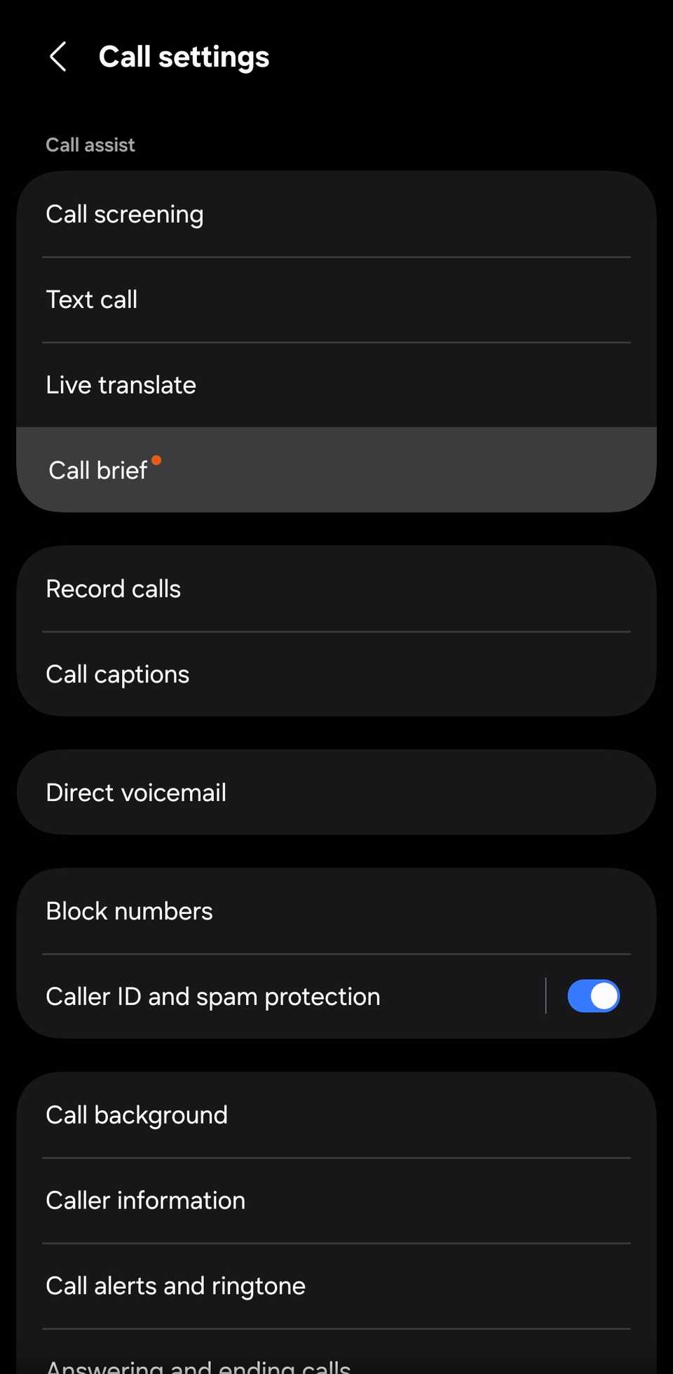 Samsung Phone app with "Call brief" highlighted.