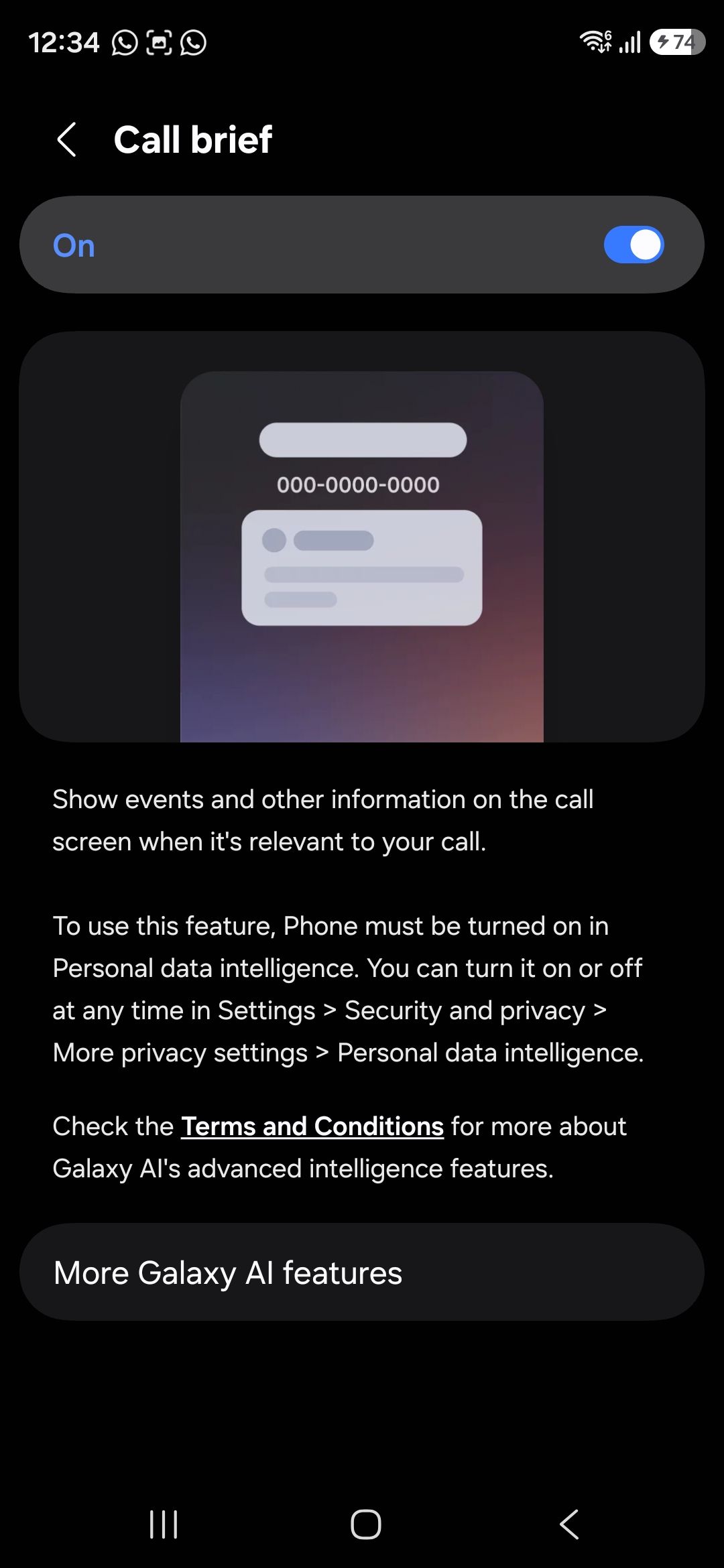 Galaxy AI Call Brief settings