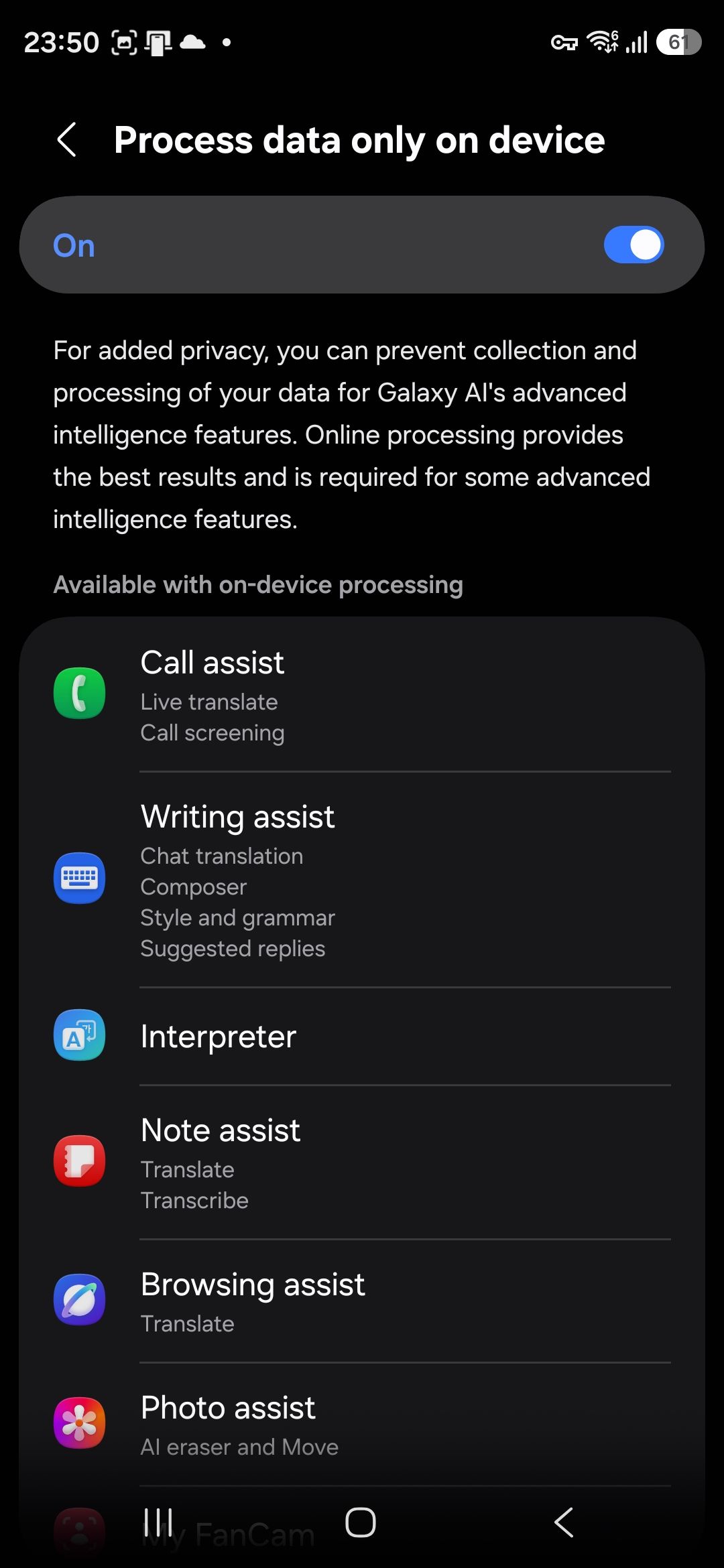 Galaxy AI data processing toggle