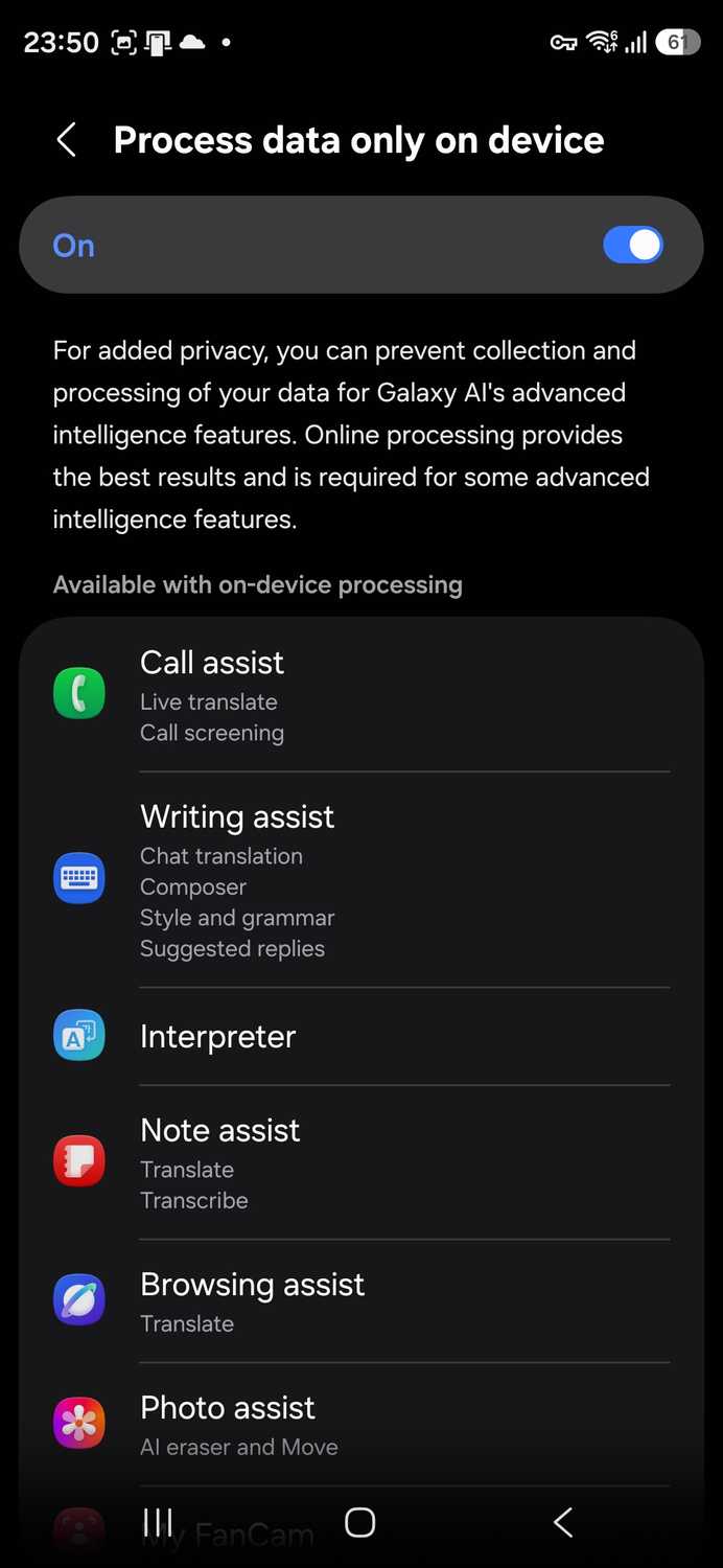 Galaxy AI data processing toggle