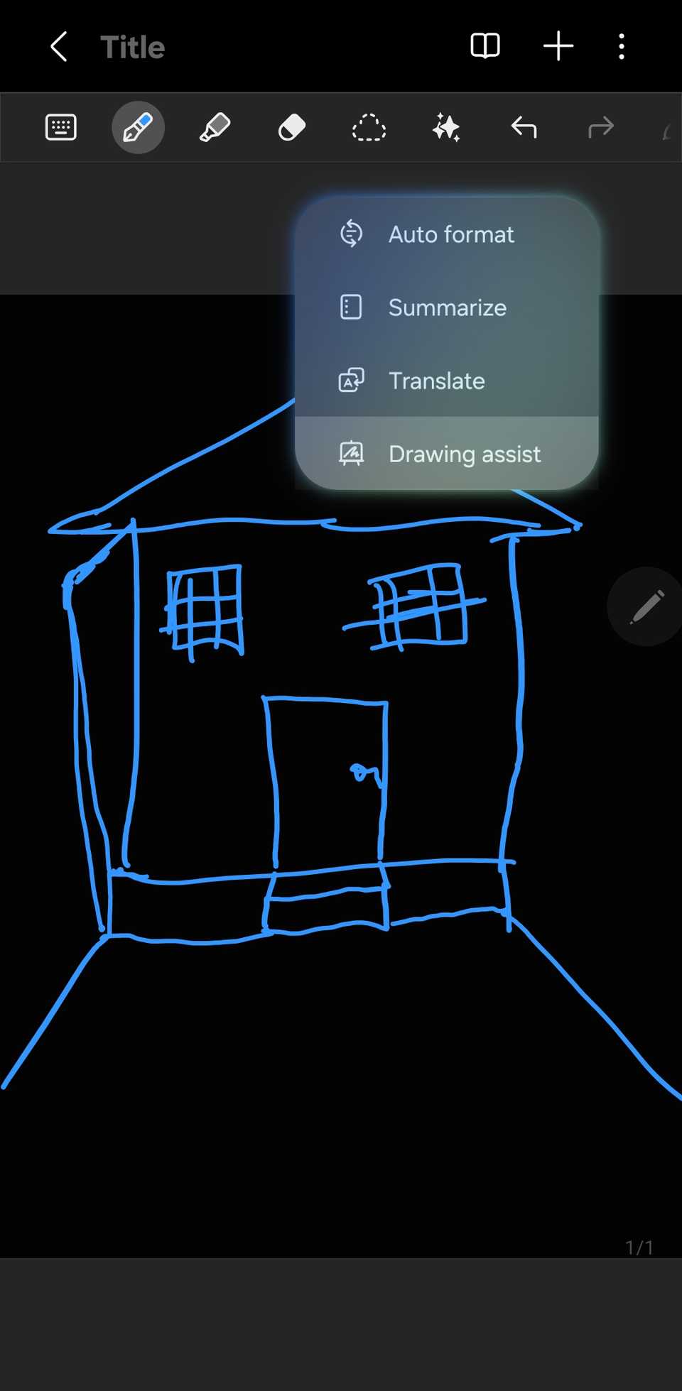 Samsung Notes showing the Galaxy AI pop up with "Drawing assist" highlighted.
