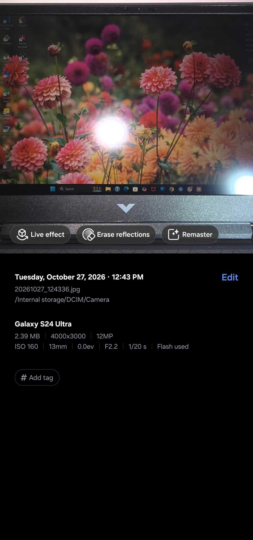 Samsung Gallery showing the Edit suggestions tool.