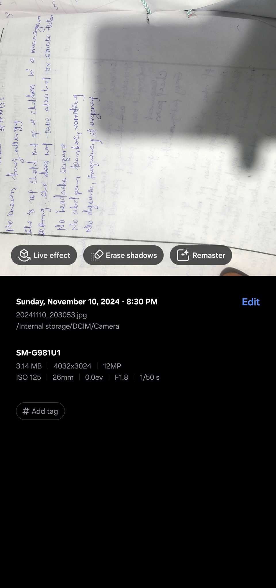 Samsung Gallery showing the Edit suggestions tool.