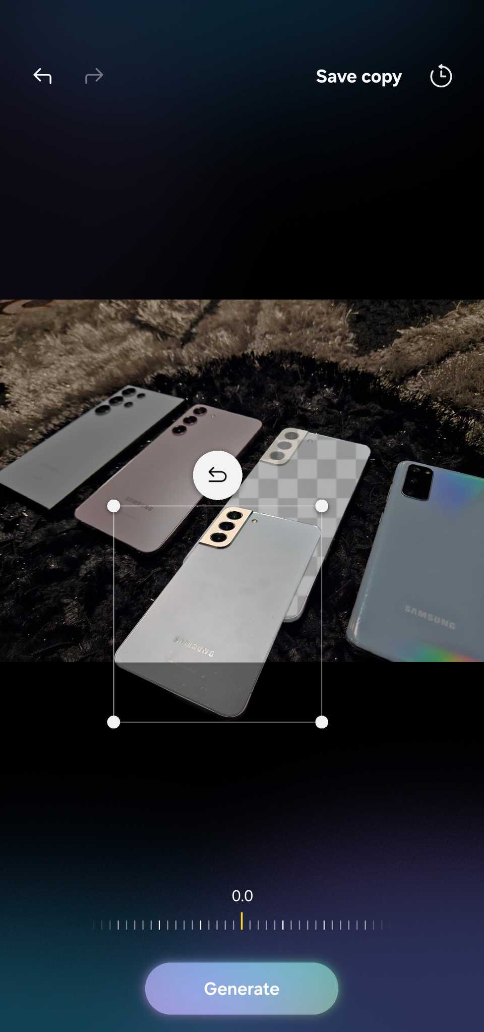 Samsung Gallery showing the Generative edit tool.