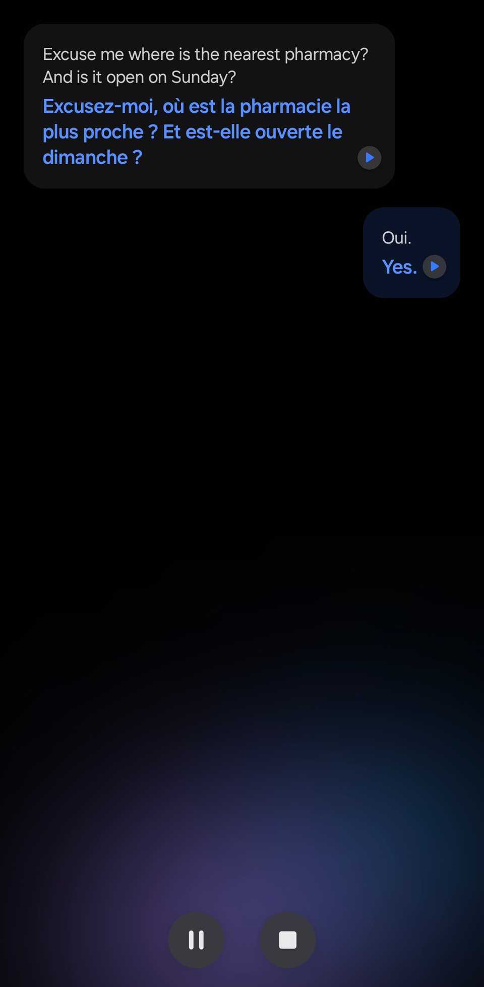 Samsung Interpreter showing speech being interpreted between two people.