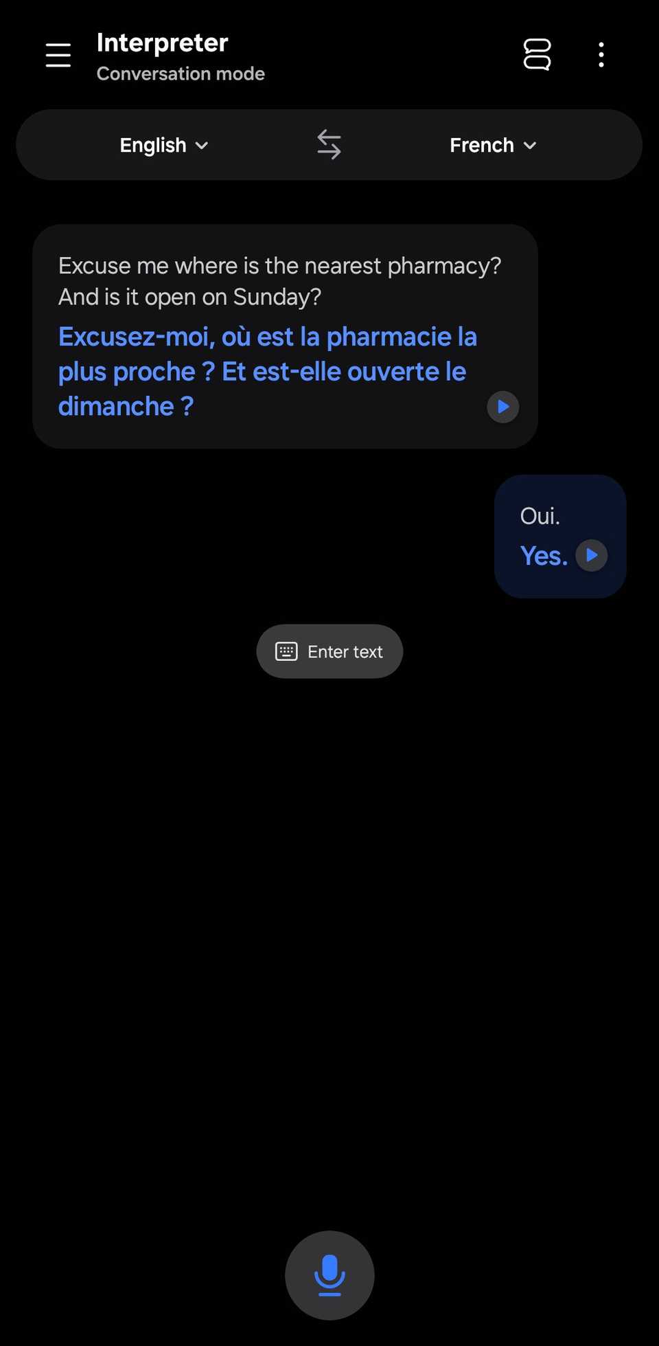 Samsung Interpreter showing speech being interpreted between two people.
