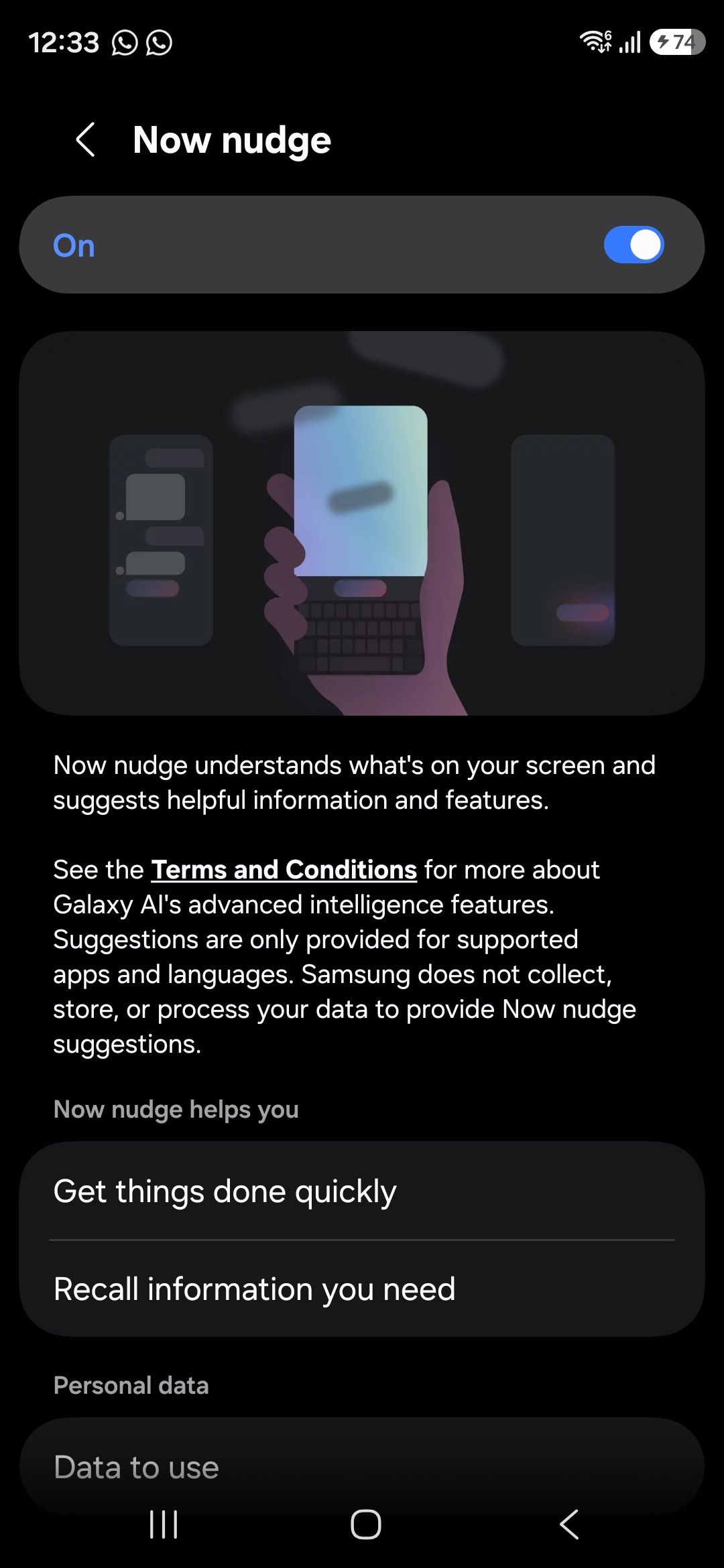 Galaxy AI Now Nudge settings