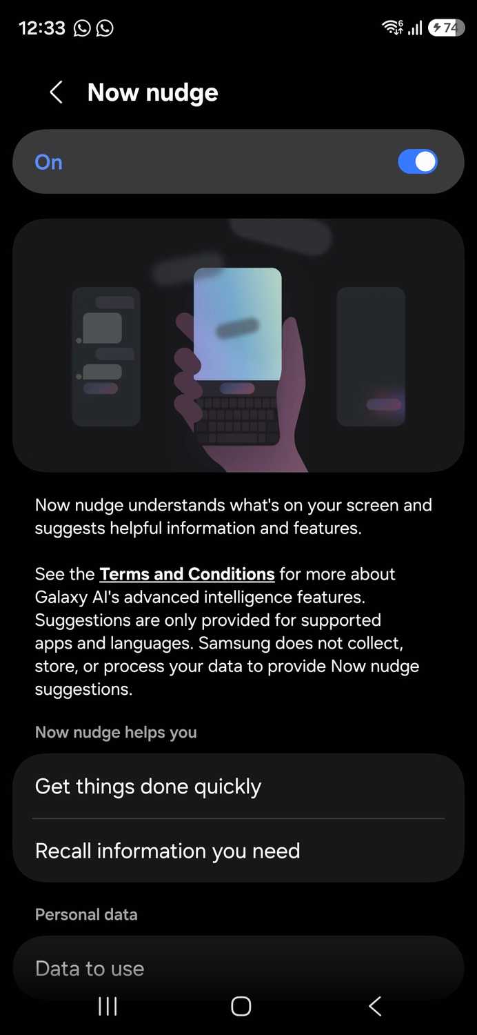 Galaxy AI Now Nudge settings