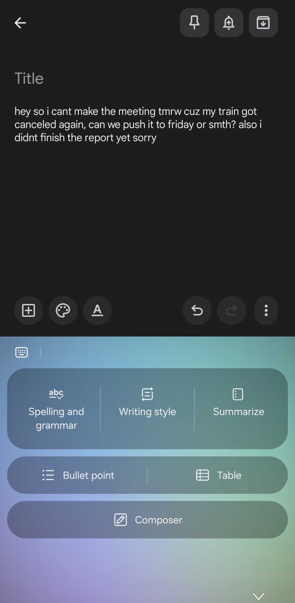 Google Keep with Samsung Keyboard showing Spelling and grammar AI tool.