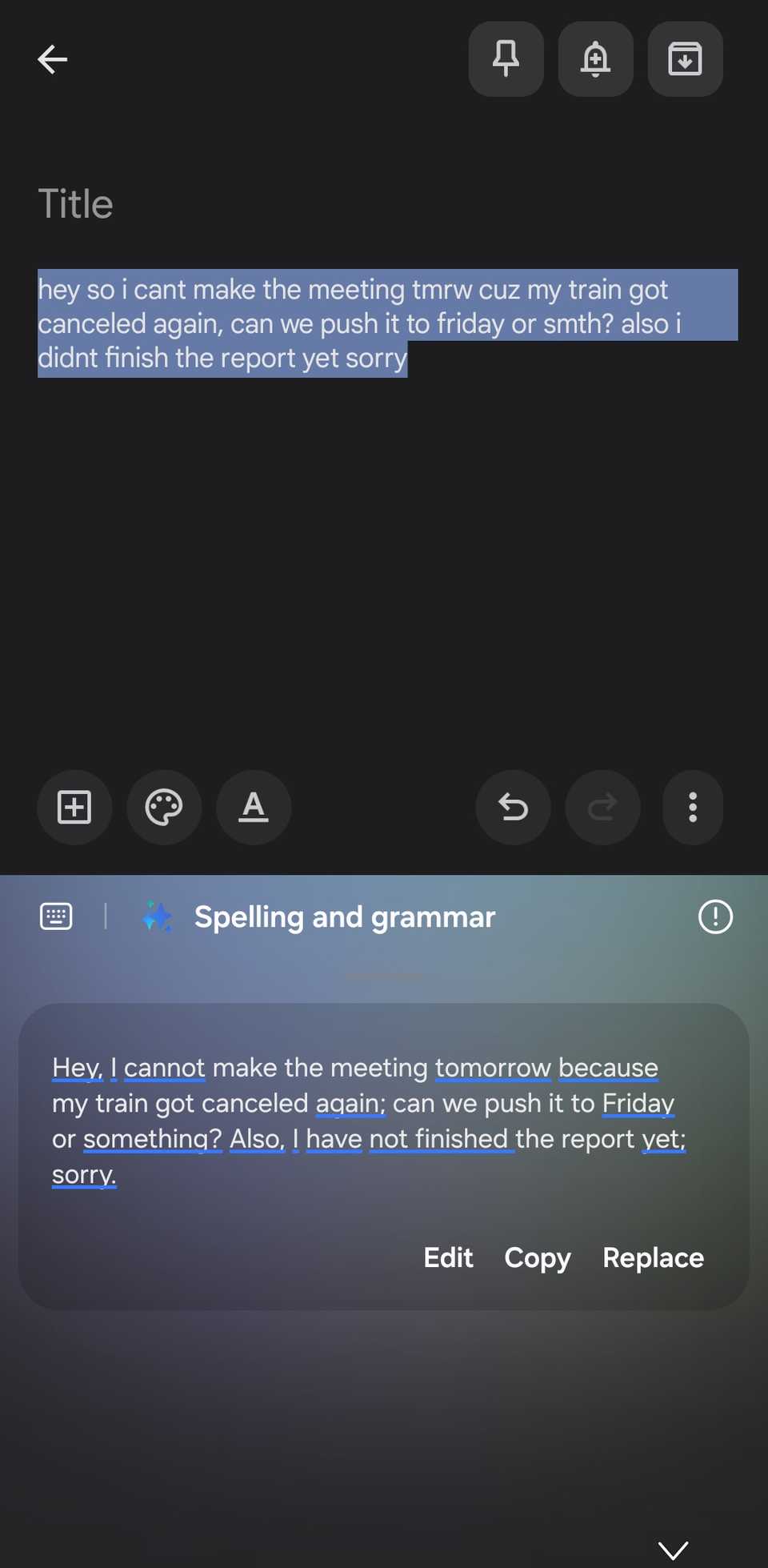 Google Keep with Samsung Keyboard showing Spelling and grammar AI tool.