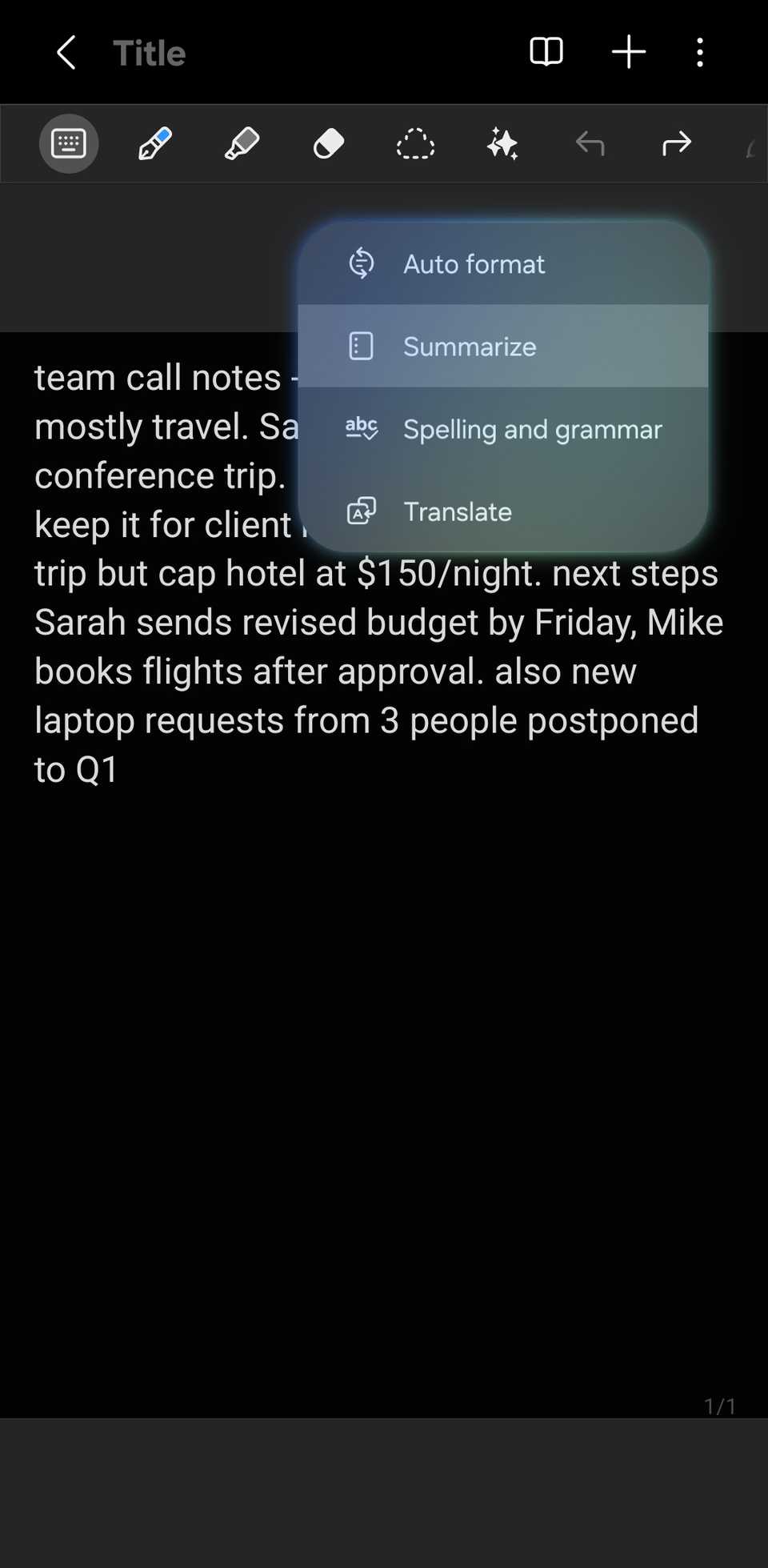 Samsung Notes showing the Galaxy AI pop up with "Summarize" highlighted.